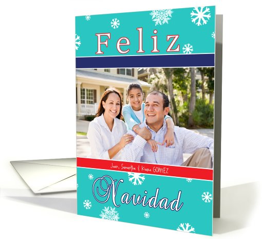 Feliz Navidad, Spanish Christmas photo card, snowflakes, letters card