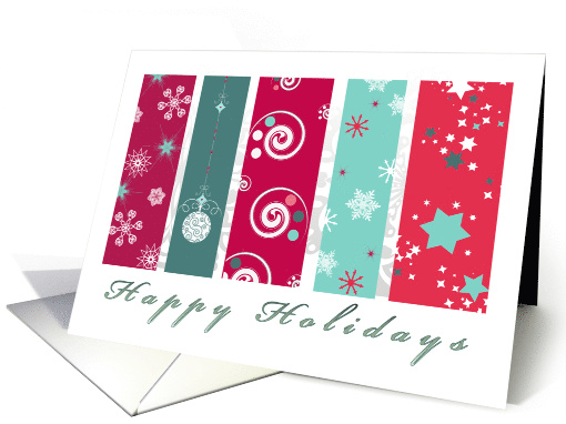 Happy Holidays Green and Red Bauble Snowflakes and Stars card (865004)