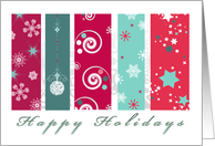 Happy Holidays Green and Red Bauble Snowflakes and Stars card
