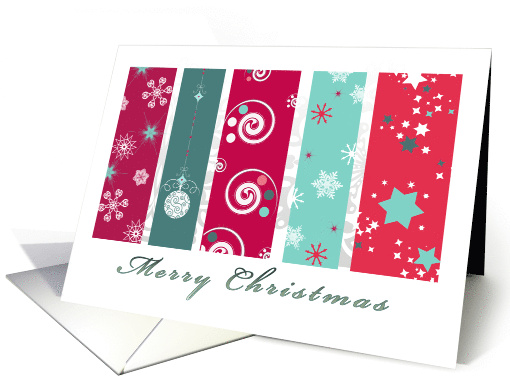 Merry Christmas Green and Red Bauble Snowflakes and Stars card