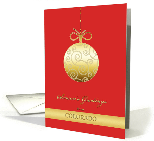 Season's Greetings from Colorado, gold glass bauble, Christmas card