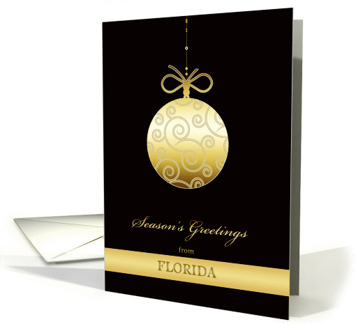 Season's Greetings from Florida, gold glass bauble, Christmas card