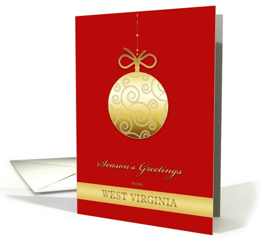 Season's Greetings from West Virginia, gold bauble, Christmas card