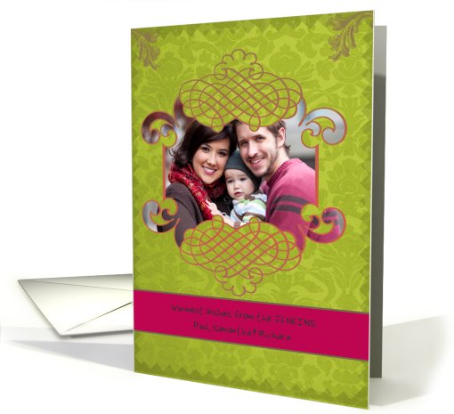 Season's Greetings, elegant Christmas photo card, green & red card