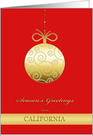 Season’s Greetings from California, gold bauble, Christmas card