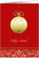 Feliz natal, Merry christmas in Portuguese, gold ornament, red card