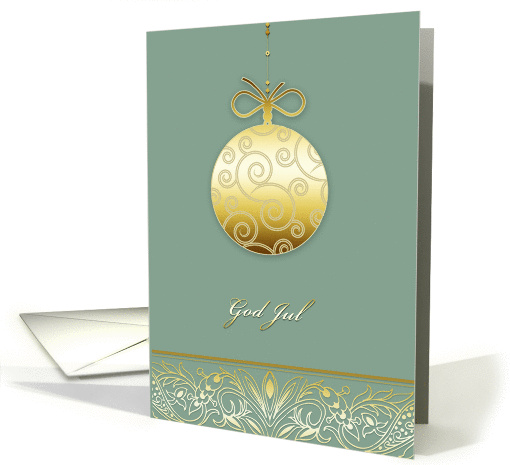 God Jul, Merry christmas in Norwegian, gold ornament, green card