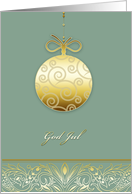 God Jul, Merry christmas in Norwegian, gold ornament, green card