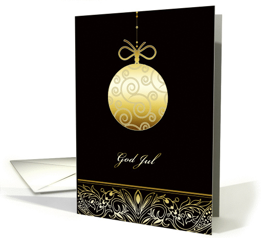 God Jul, Merry christmas in Swedish, gold ornament, black card