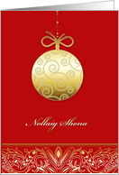Nollaig shona, Merry christmas in Irish gaelic, gold ornament, red card