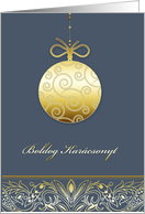 boldog Karcsonyt, Merry christmas in Hungarian, gold ornament, blue card