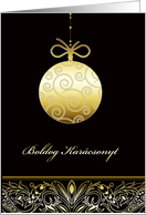 boldog Karcsonyt, Merry christmas in Hungarian, gold ornament, black card