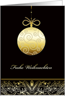Frohe Weihnachten, Merry christmas in German, gold ornament, black card