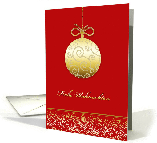 Frohe Weihnachten, Merry christmas in German, gold ornament, red card