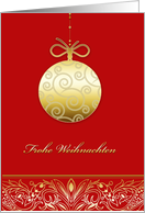 Frohe Weihnachten, Merry christmas in German, gold ornament, red card