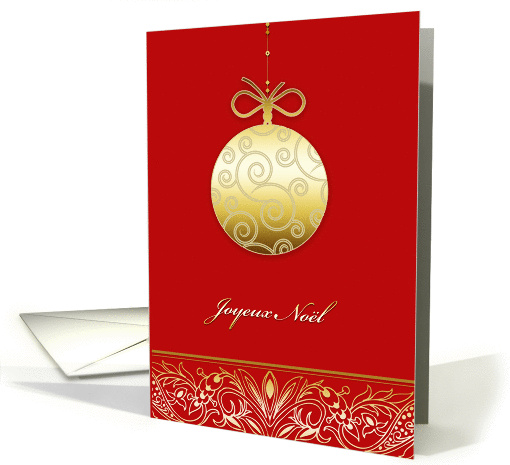 joyeux Nol, Merry christmas in French, gold ornament, red card
