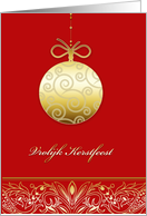 vrolijk Kerstfeest , Merry christmas in Dutch, gold ornament, red card