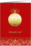 gldelig jul, Merry christmas in Danish, gold ornament, red card