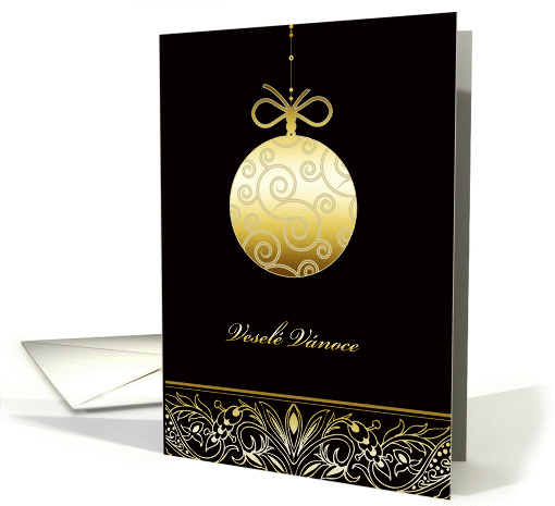 vesel Vnoce, Merry christmas in Czech, gold ornament, black card
