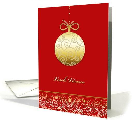vesel Vnoce, Merry christmas in Czech, gold ornament, red card