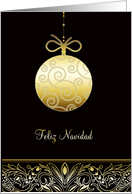 Feliz Navidad, Merry Christmas in Spanish, gold ornament, black card