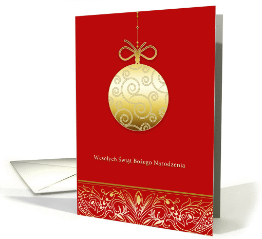 Wesoych wit, Merry christmas in Polish, gold ornament, red card