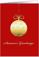 Season’s Greetings, Christmas card, gold ornament, golden swirls card