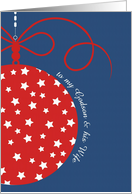 to my Godson & Wife, Christmas Card, red, white & blue, stars card
