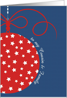 to my Cousin & family, Christmas Card, red, white & blue, stars card