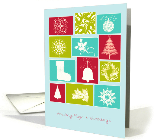 Sending hugs & Greetings, Christmas card, stocking, snowflake card