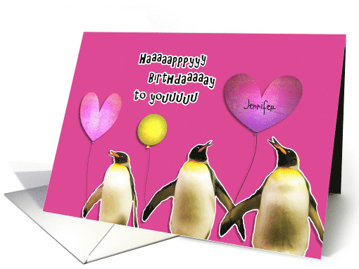 Happy Birthday Customizable Name Penguins with Balloons card (889228)