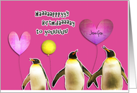 Happy Birthday, customizable card, penguins with balloons card
