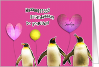 Happy Birthday Customizable Name Penguins with Balloons card