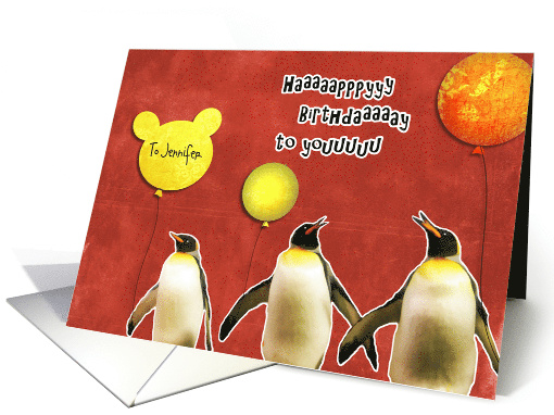 Happy Birthday Customizable Name Penguins with Balloons card (889236)