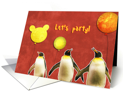 let's party, kid birthday party invitation, penguins, balloons card