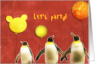 let’s party, kid birthday party invitation, penguins, balloons card