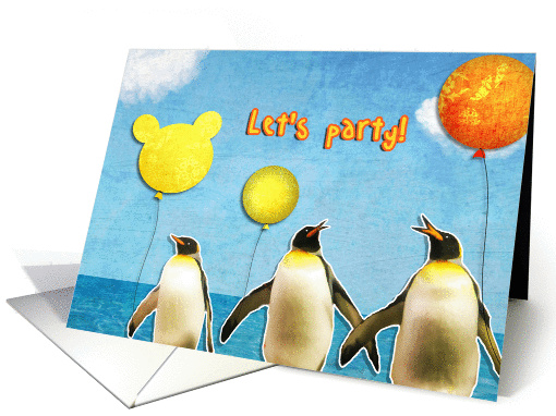 let's party, kid birthday party invitation, penguins, balloons card