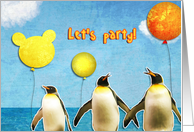let’s party, kid birthday party invitation, penguins, balloons card