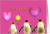let’s party, kid birthday party invitation, penguins, balloons card