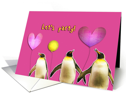 let's party, birthday party invitation, penguins, balloons card