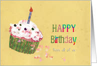 Happy Birthday from all of us, birthday card, cupcake, candle, hearts card
