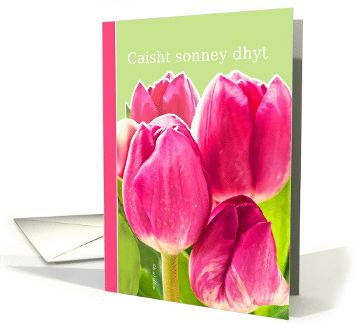 Caisht sonney dhyt, Manx Happy Easter card, pink tulips card (910283)