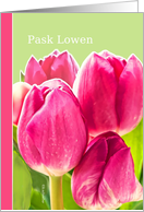 Pask Lowen, Cornish Happy Easter card, pink tulips card