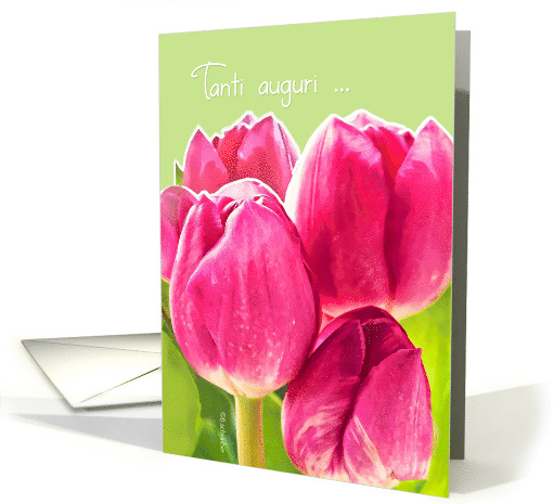Tanti Auguri Happy Birthday in Italian Bright Pink Tulips card
