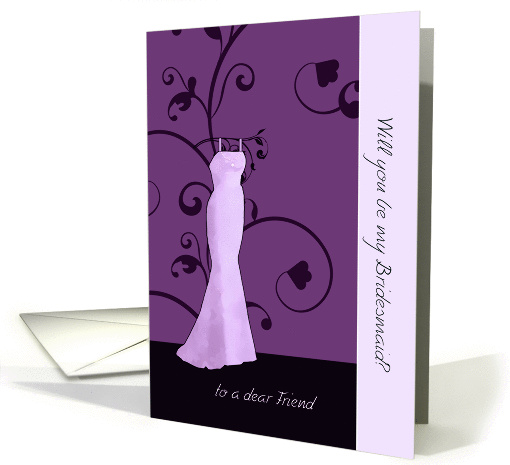 Dear Friend, will you be my bridesmaid, elegant swirls, purple card