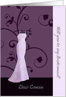 Dear cousin, will you be my bridesmaid, floral swirls, purple card