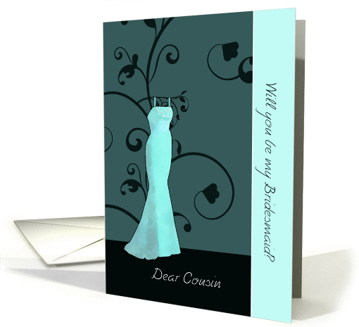 Dear cousin, will you be my bridesmaid, floral swirls, teal card