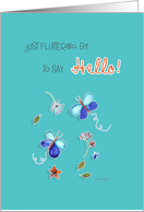 Hi and Hello, teal, butterflies and flowers, illustration card