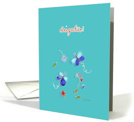 Obrigado, portuguese informal thank you card, teal butterflies card