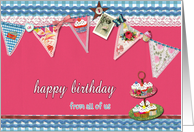 from all of us, happy birthday, bunting & cupcakes card